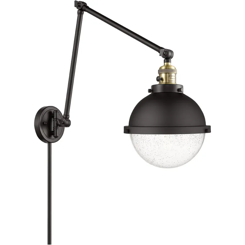 Franklin Restoration Hampden 32.5 inch 3.5 watt Black Antique Brass Swing Arm Wall Light in Seedy Glass