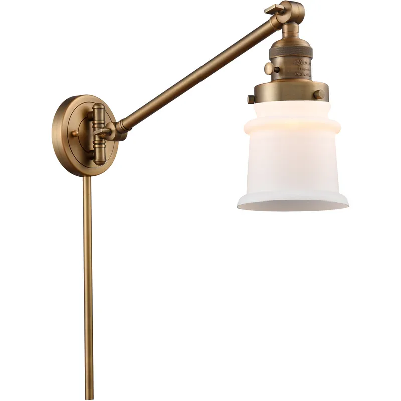 Small Canton 35 inch 3.5 watt Brushed Brass Swing Arm Wall Light in Matte White Glass, Franklin Restoration