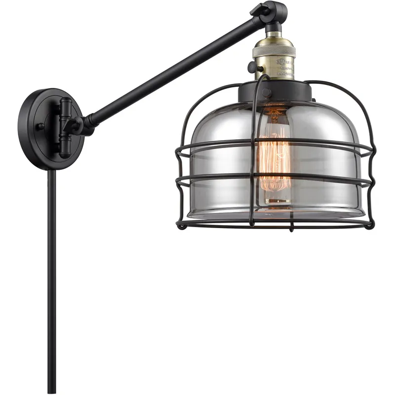 Large Bell Cage 21 inch 60.00 watt Black Antique Brass Swing Arm Wall Light, Franklin Restoration