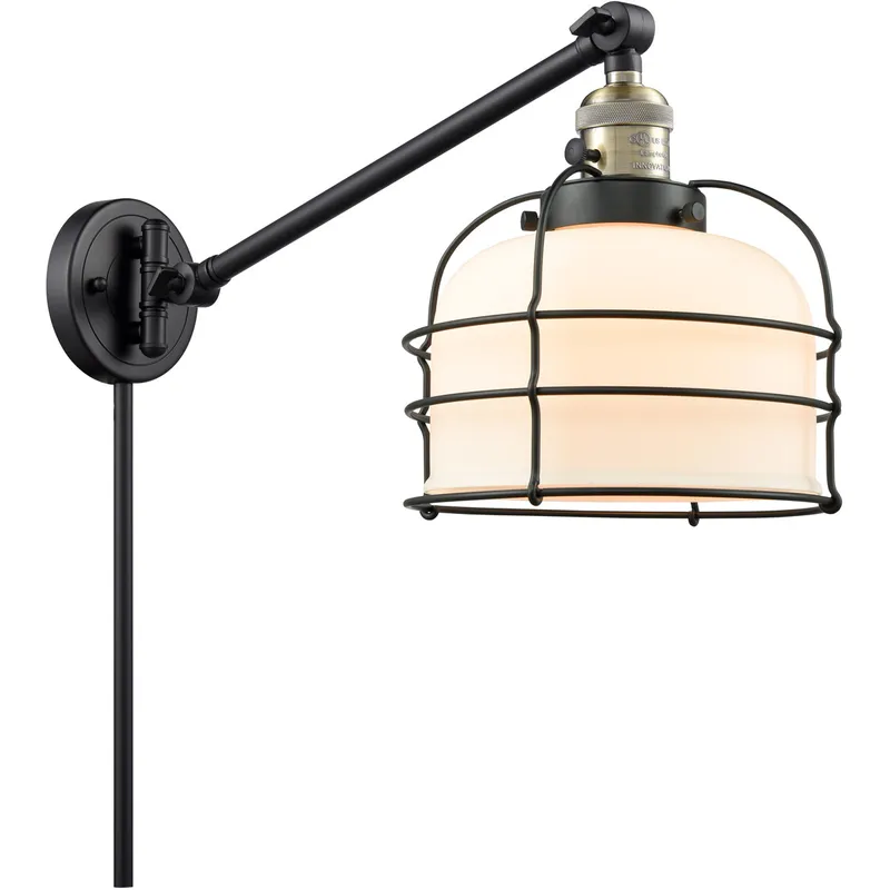 Large Bell Cage 21 inch 3.5 watt Black Antique Brass Swing Arm Wall Light in Matte White with Cage, Franklin Restoration