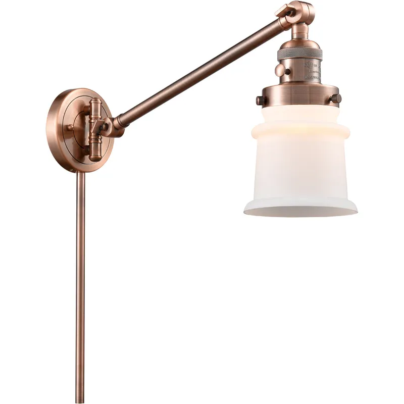Small Canton 35 inch 3.5 watt Antique Copper Swing Arm Wall Light in Matte White Glass, Franklin Restoration