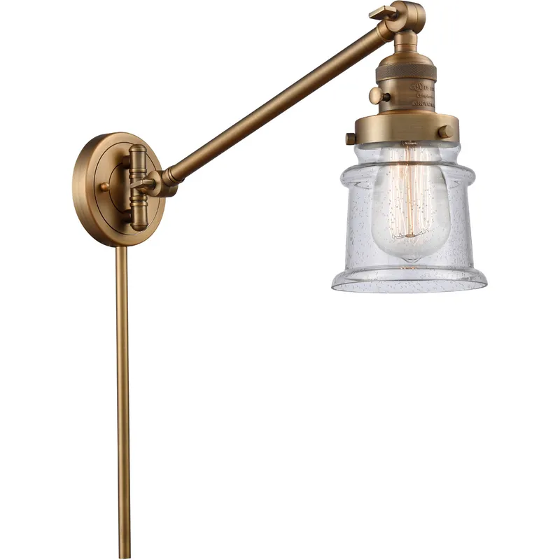 Small Canton 35 inch 3.5 watt Brushed Brass Swing Arm Wall Light in Seedy Glass, Franklin Restoration
