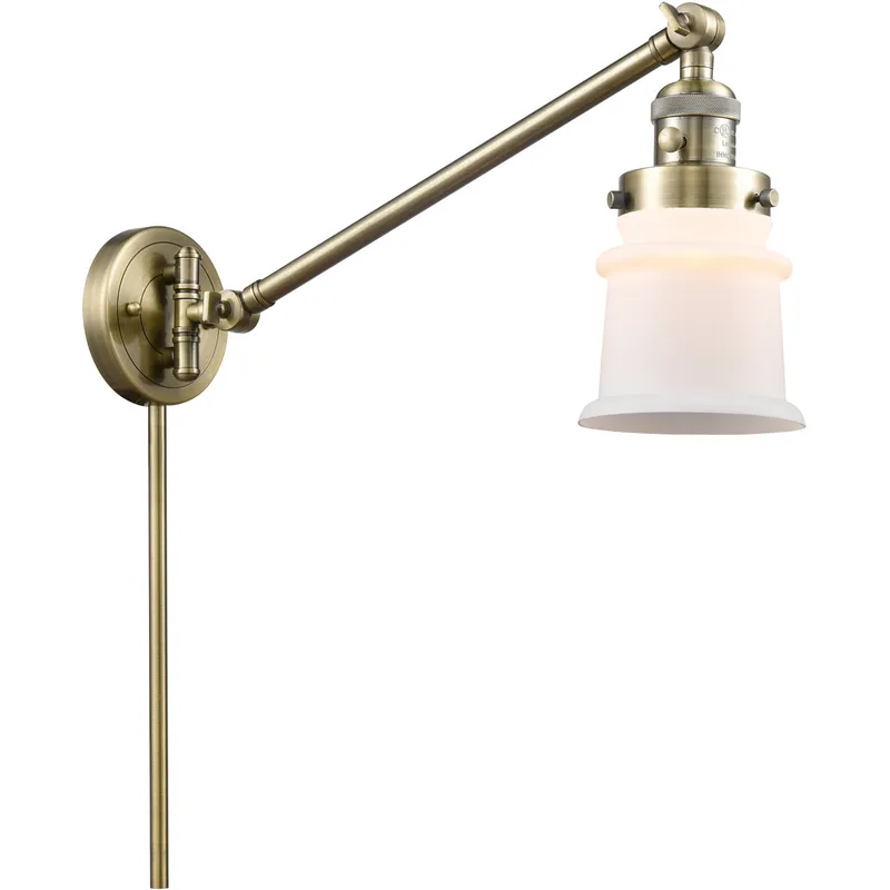 Small Canton 35 inch 3.5 watt Antique Brass Swing Arm Wall Light in Matte White Glass, Franklin Restoration