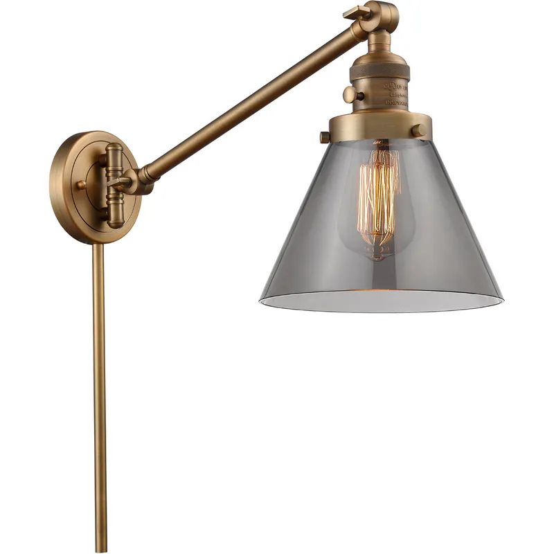 Large Cone 30 inch 60 watt Brushed Brass Swing Arm Wall Light in Light Smoke Glass, Franklin Restoration