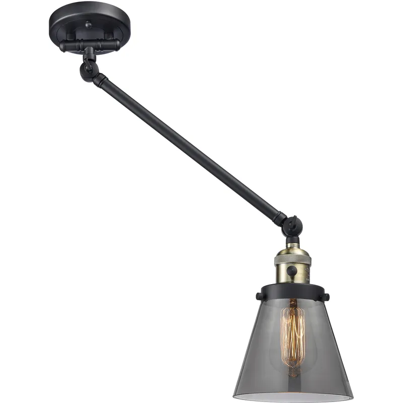 Small Cone 21 inch 60 watt Black Antique Brass Swing Arm Wall Light in Light Smoke Glass, Franklin Restoration