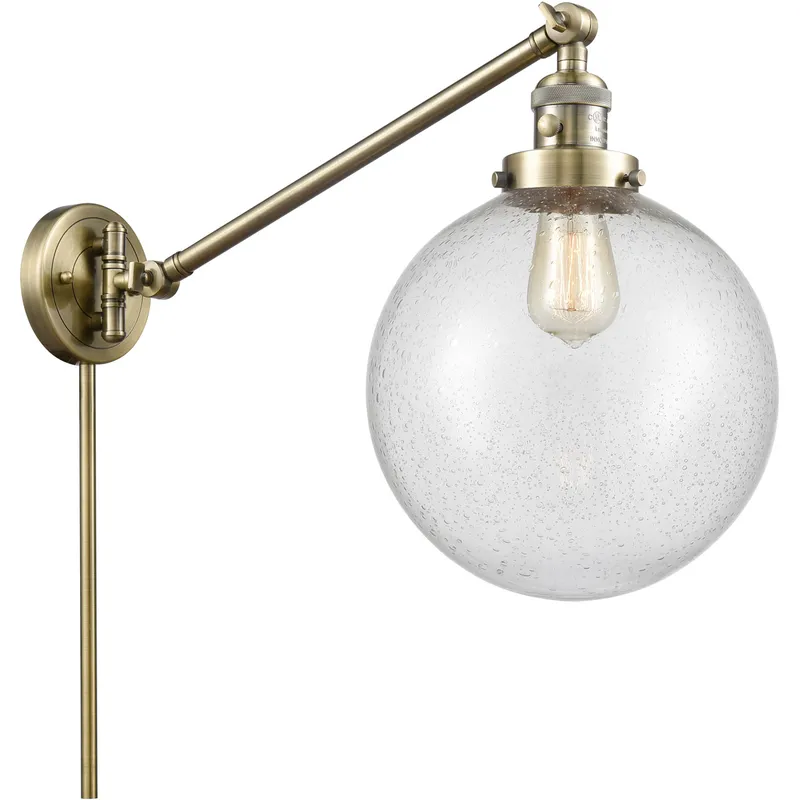 X-Large Beacon 18 inch 3.5 watt Antique Brass Swing Arm Wall Light in Seedy Glass, Franklin Restoration