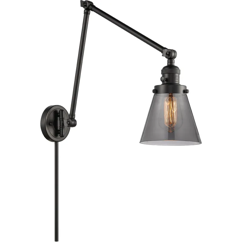 Small Cone 30 inch 60 watt Matte Black Swing Arm Wall Light in Light Smoke Glass, Franklin Restoration