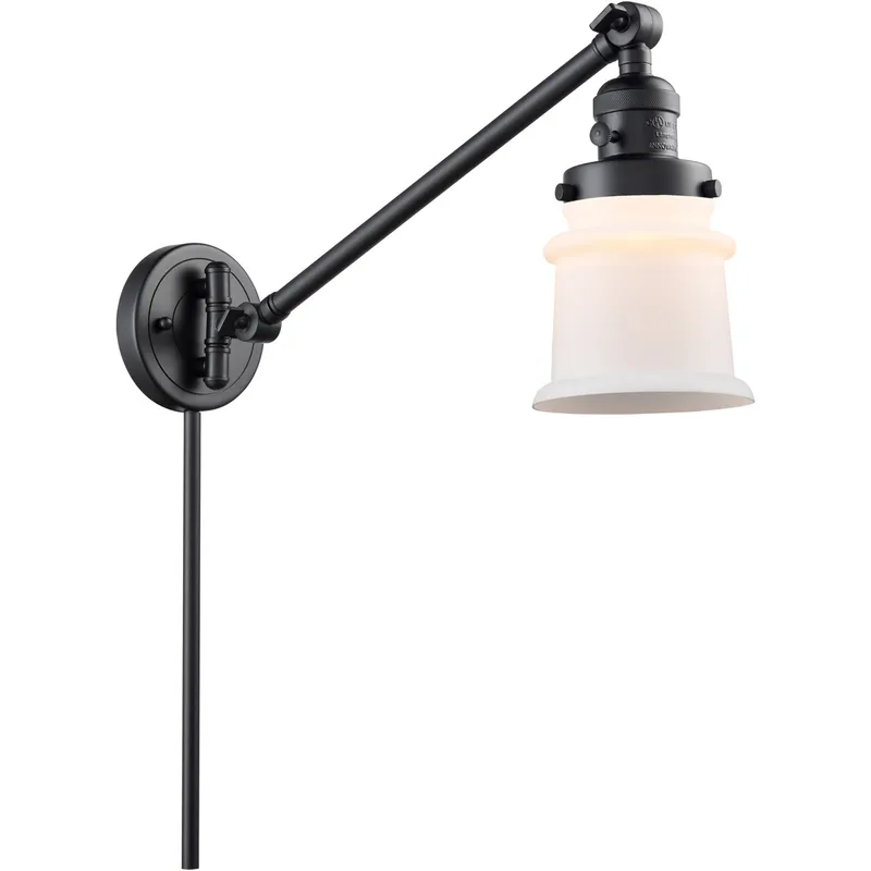 Small Canton 35 inch 3.5 watt Matte Black Swing Arm Wall Light in Matte White Glass, Franklin Restoration