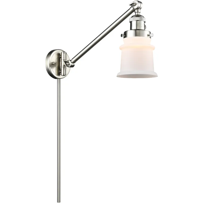 Small Canton 35 inch 3.5 watt Satin Nickel Swing Arm Wall Light in Brushed Satin Nickel, Matte White Glass, Franklin Restoration