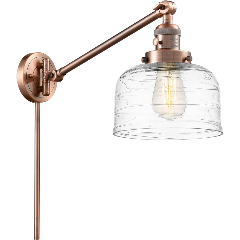Franklin Restoration Bell 21 inch 100 watt Antique Copper Swing Arm Wall Light in Clear Deco Swirl Glass