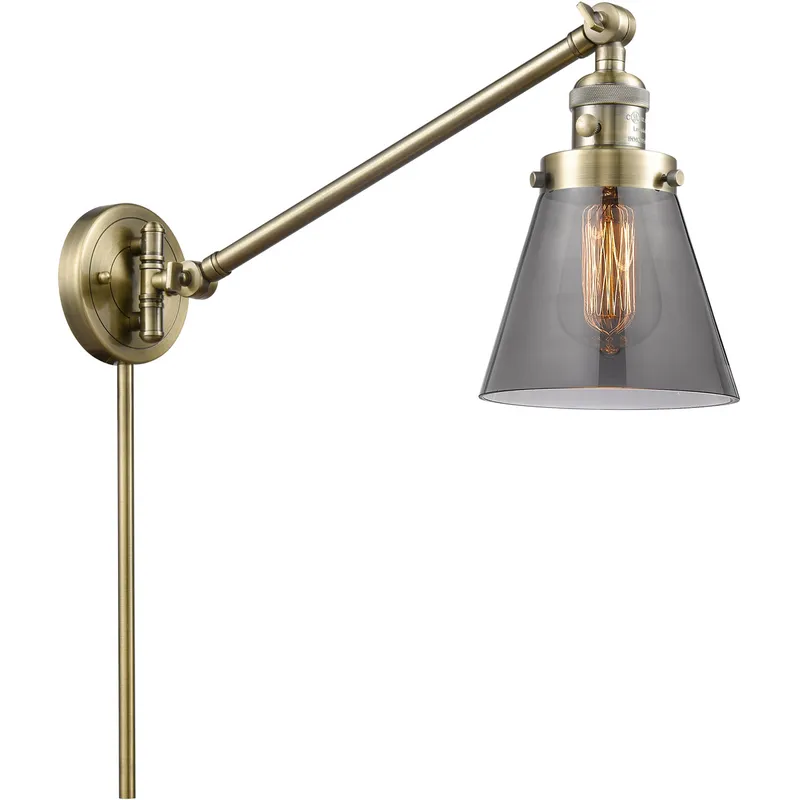 Small Cone 21 inch 60 watt Antique Brass Swing Arm Wall Light in Light Smoke Glass, Franklin Restoration