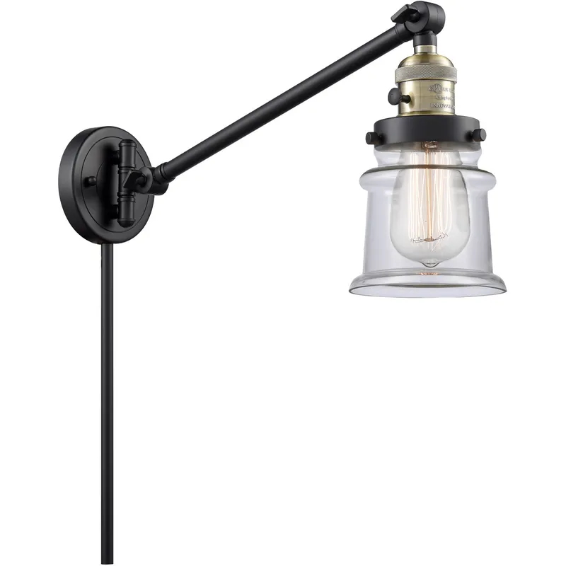 Small Canton 35 inch 3.5 watt Black Antique Brass Swing Arm Wall Light in Clear Glass, Franklin Restoration