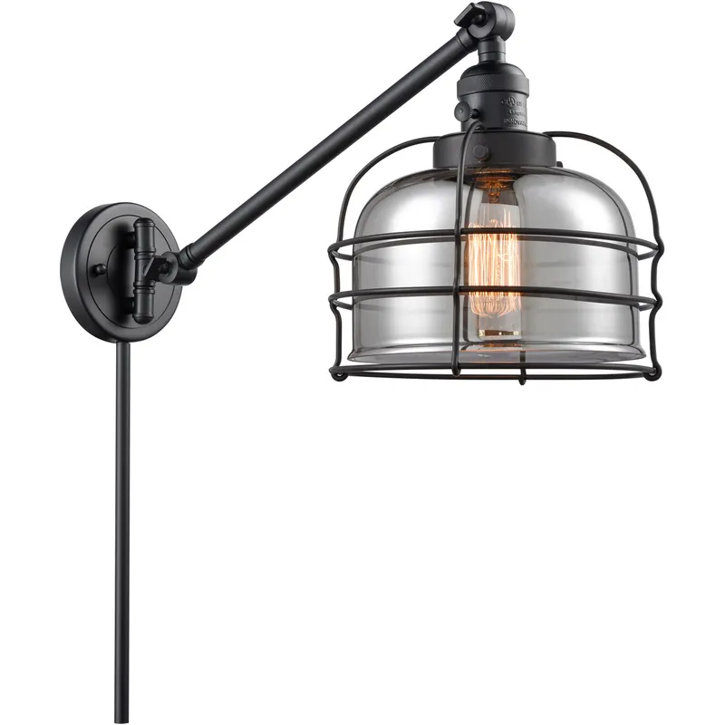 Large Bell Cage 21 inch 60.00 watt Matte Black Swing Arm Wall Light, Franklin Restoration