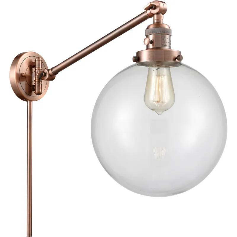 X-Large Beacon 18 inch 3.5 watt Antique Copper Swing Arm Wall Light in Clear Glass, Franklin Restoration