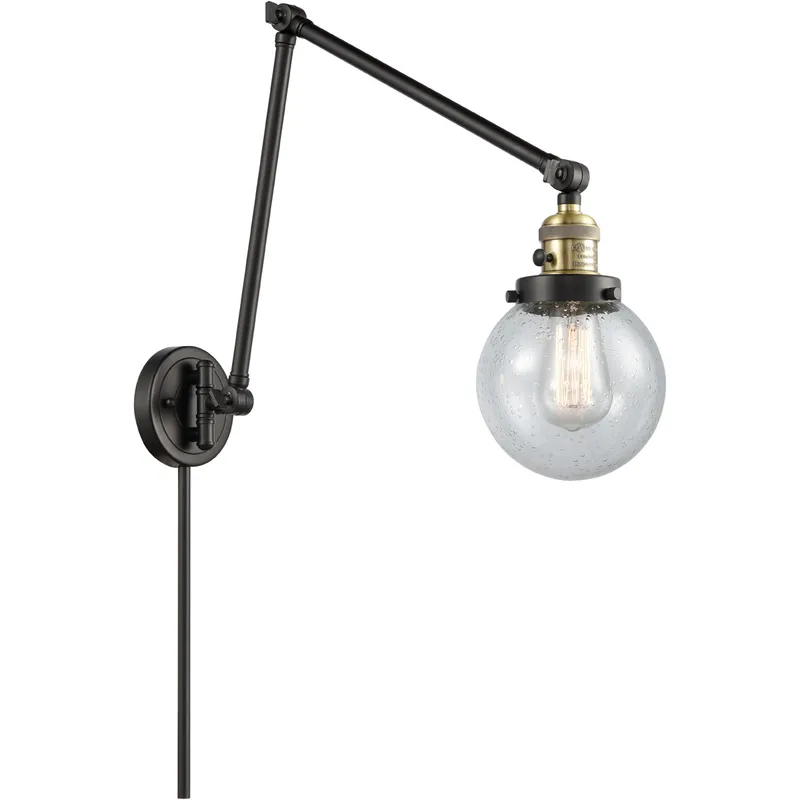 Beacon 30 inch 3.5 watt Black Antique Brass Swing Arm Wall Light in Seedy Glass, Franklin Restoration