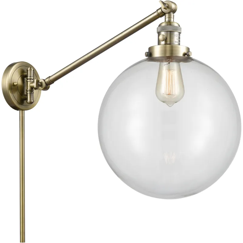XX-Large Beacon 20 inch 100 watt Antique Brass Swing Arm Wall Light in Clear Glass, Franklin Restoration