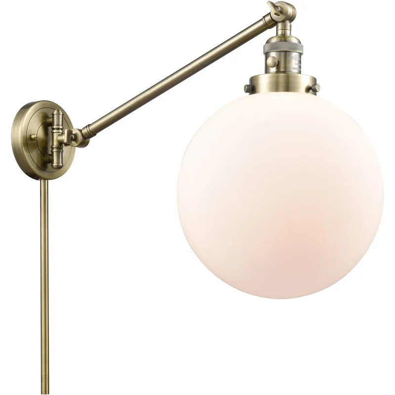 X-Large Beacon 18 inch 100 watt Antique Brass Swing Arm Wall Light in Matte White Glass, Franklin Restoration