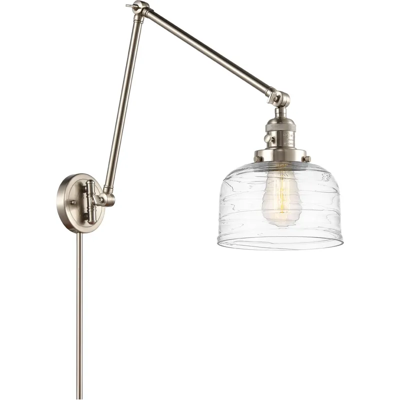Franklin Restoration Bell 30 inch 100 watt Brushed Satin Nickel Swing Arm Wall Light in Clear Deco Swirl Glass