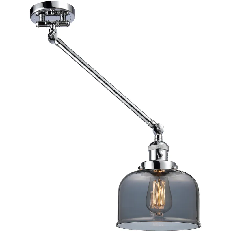 Large Bell 21 inch 60 watt Polished Chrome Swing Arm Wall Light in Light Smoke Glass, Franklin Restoration