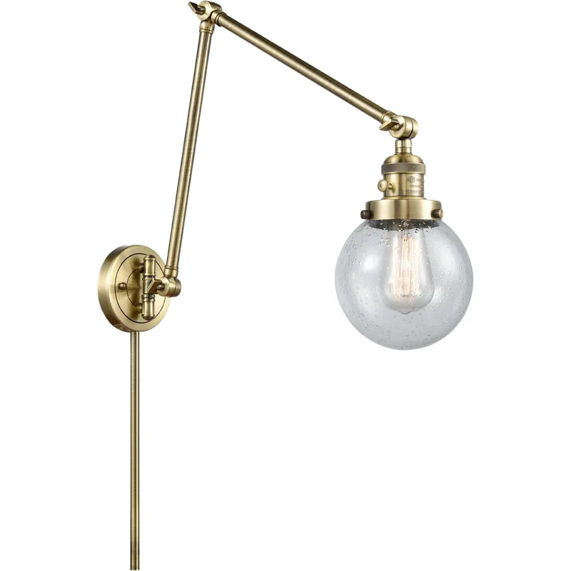Beacon 30 inch 3.5 watt Antique Brass Swing Arm Wall Light in Seedy Glass, Franklin Restoration