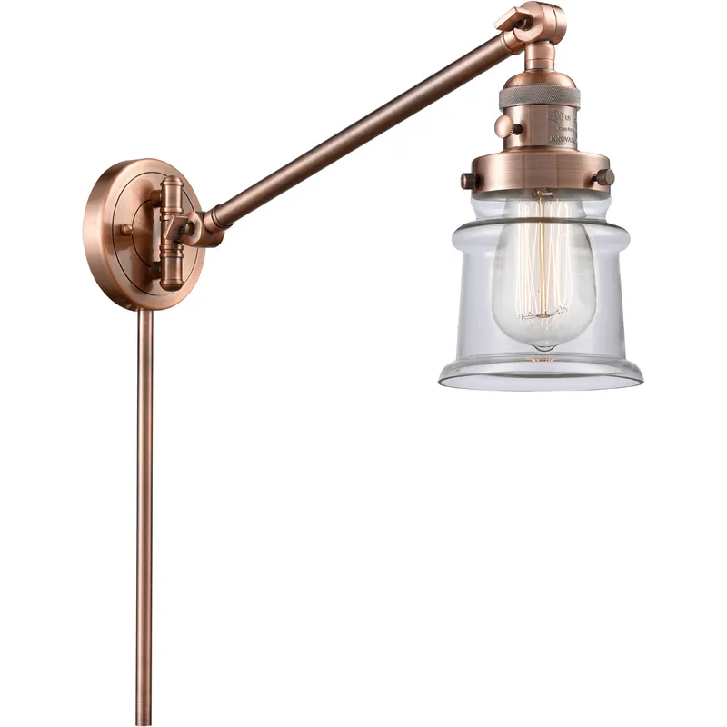 Small Canton 35 inch 3.5 watt Antique Copper Swing Arm Wall Light in Clear Glass, Franklin Restoration