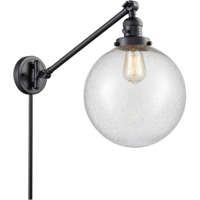 X-Large Beacon 18 inch 3.5 watt Matte Black Swing Arm Wall Light in Seedy Glass, Franklin Restoration