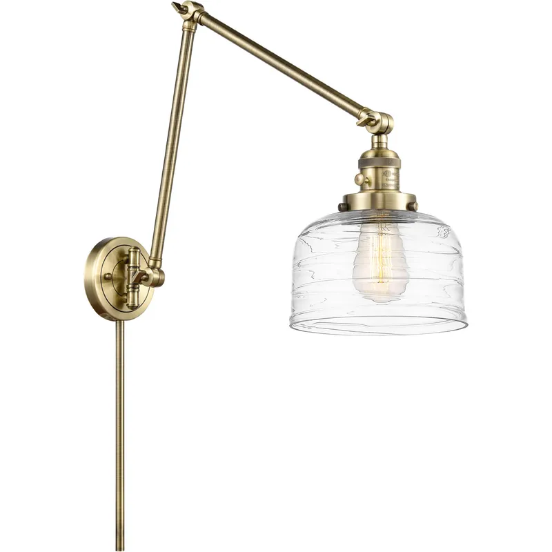 Franklin Restoration Bell 30 inch 100 watt Antique Brass Swing Arm Wall Light in Clear Deco Swirl Glass