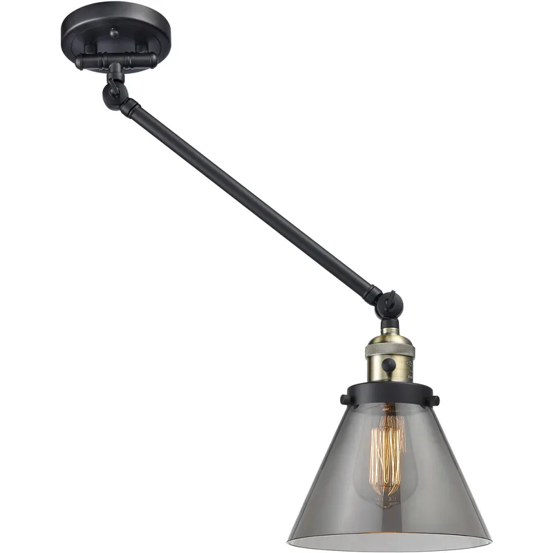 Large Cone 30 inch 60 watt Black Antique Brass Swing Arm Wall Light in Light Smoke Glass, Franklin Restoration