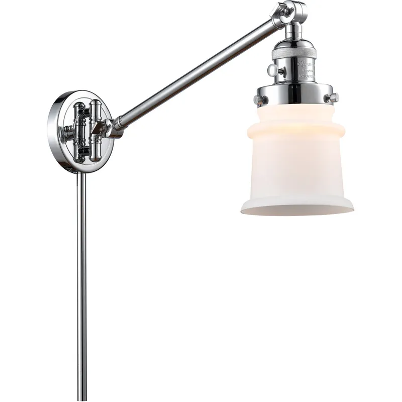 Small Canton 35 inch 3.5 watt Polished Chrome Swing Arm Wall Light in Matte White Glass, Franklin Restoration