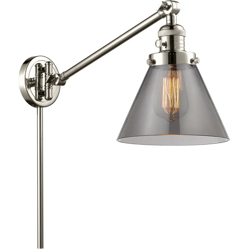 Large Cone 30 inch 60 watt Polished Nickel Swing Arm Wall Light in Light Smoke Glass, Franklin Restoration