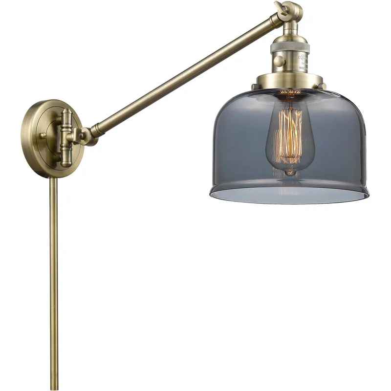 Large Bell 21 inch 60 watt Antique Brass Swing Arm Wall Light in Light Smoke Glass, Franklin Restoration