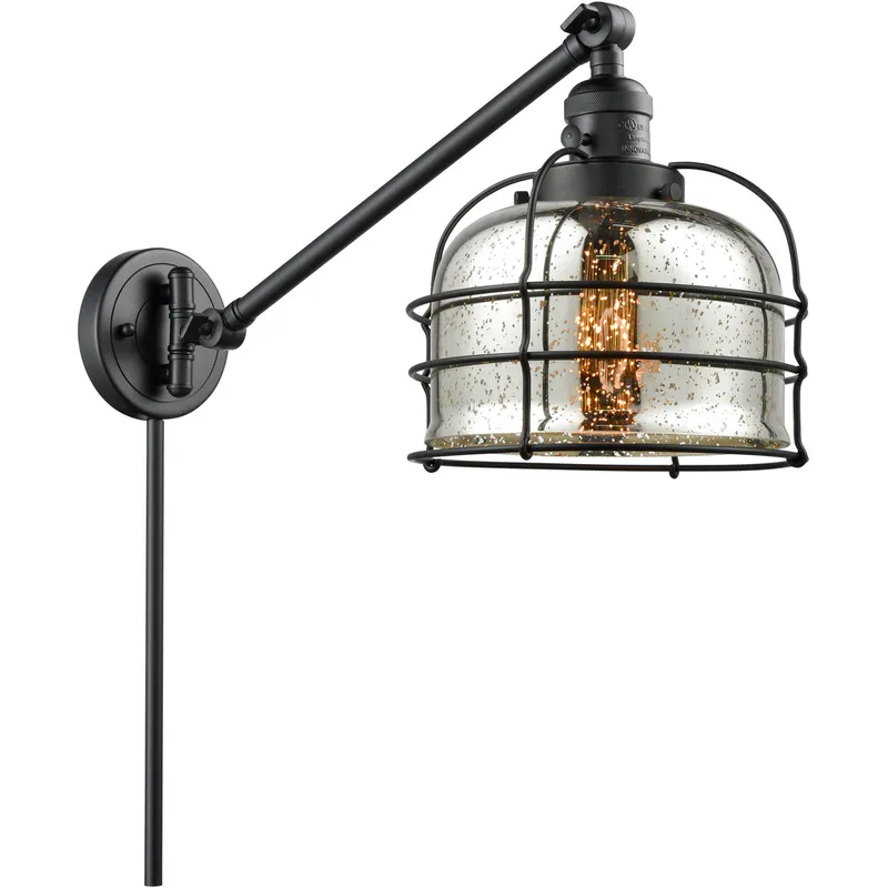 Large Bell Cage 30 inch 60.00 watt Matte Black Swing Arm Wall Light, Franklin Restoration