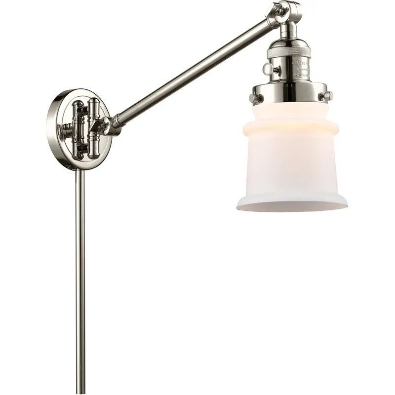 Small Canton 35 inch 3.5 watt Polished Nickel Swing Arm Wall Light in Matte White Glass, Franklin Restoration