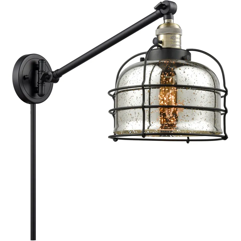 Large Bell Cage 30 inch 3.5 watt Black Antique Brass Swing Arm Wall Light in Silver Plated Mercury with Cage, Franklin Restoration