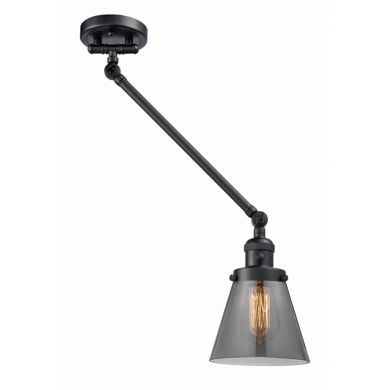 Small Cone 21 inch 60 watt Matte Black Swing Arm Wall Light in Light Smoke Glass, Franklin Restoration
