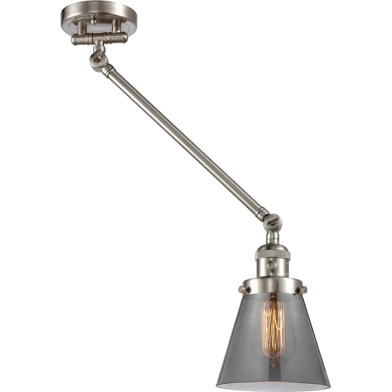 Small Cone 21 inch 60 watt Brushed Satin Nickel Swing Arm Wall Light in Light Smoke Glass, Franklin Restoration
