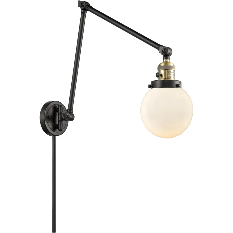 Beacon 30 inch 3.5 watt Black Antique Brass Swing Arm Wall Light in Matte White Glass, Franklin Restoration