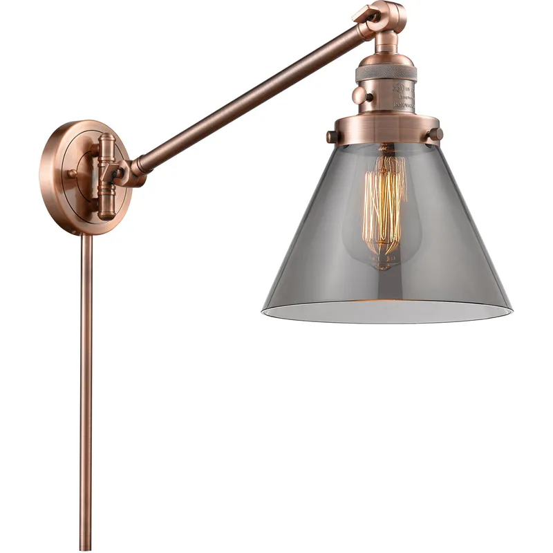 Large Cone 30 inch 60 watt Antique Copper Swing Arm Wall Light in Light Smoke Glass, Franklin Restoration