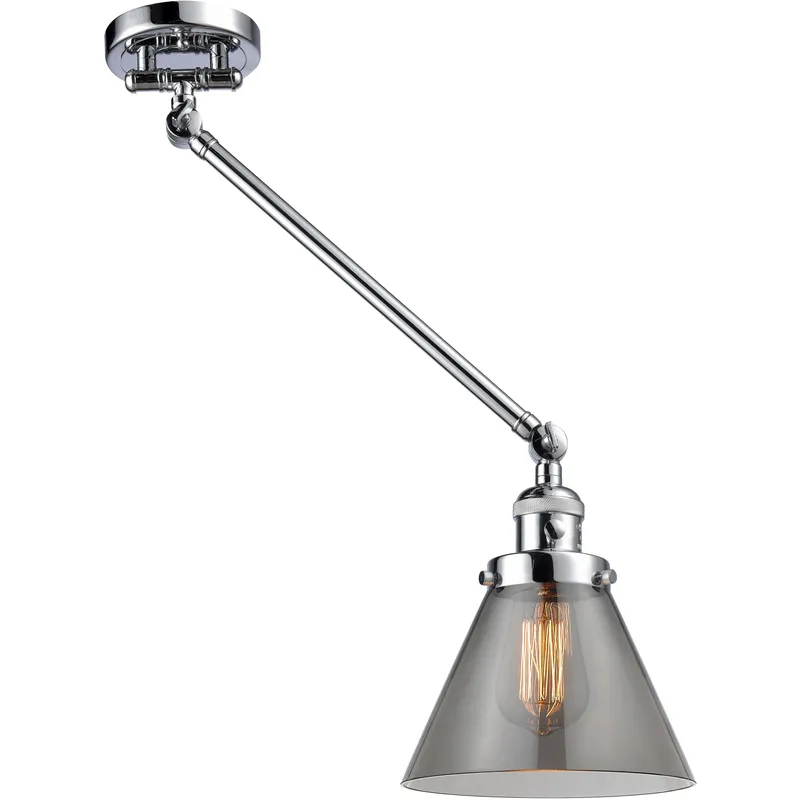 Large Cone 30 inch 60 watt Polished Chrome Swing Arm Wall Light in Light Smoke Glass, Franklin Restoration