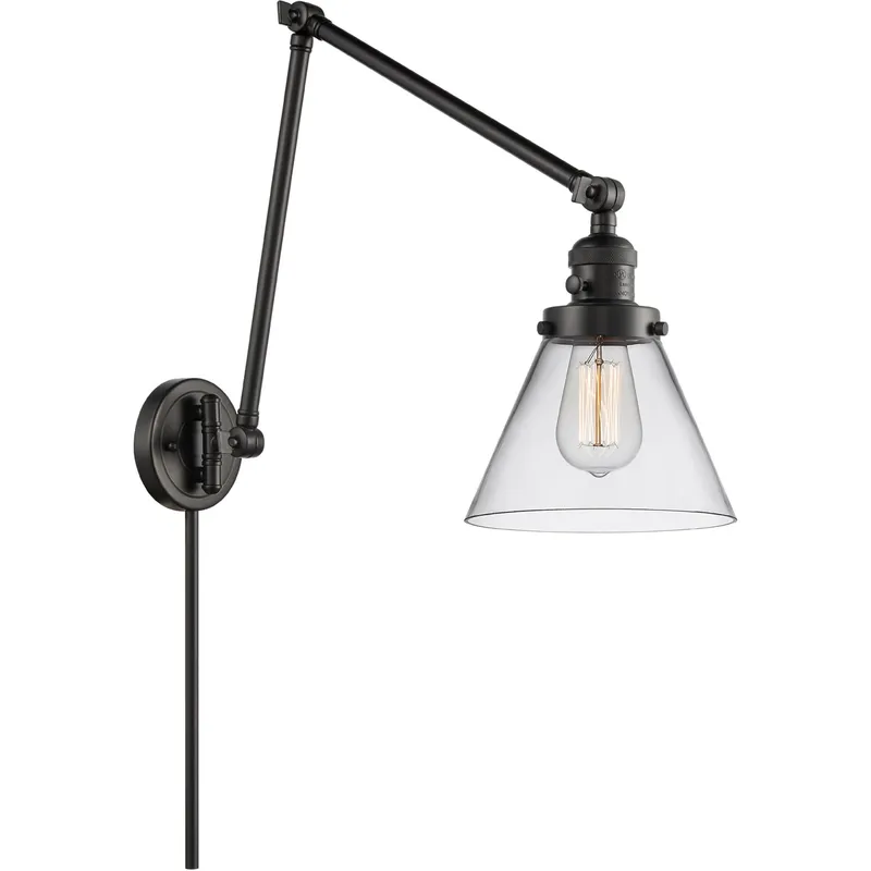 Large Cone 30 inch 100 watt Matte Black Swing Arm Wall Light in Clear Glass, Franklin Restoration