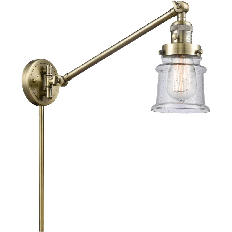 Small Canton 35 inch 3.5 watt Antique Brass Swing Arm Wall Light in Seedy Glass, Franklin Restoration