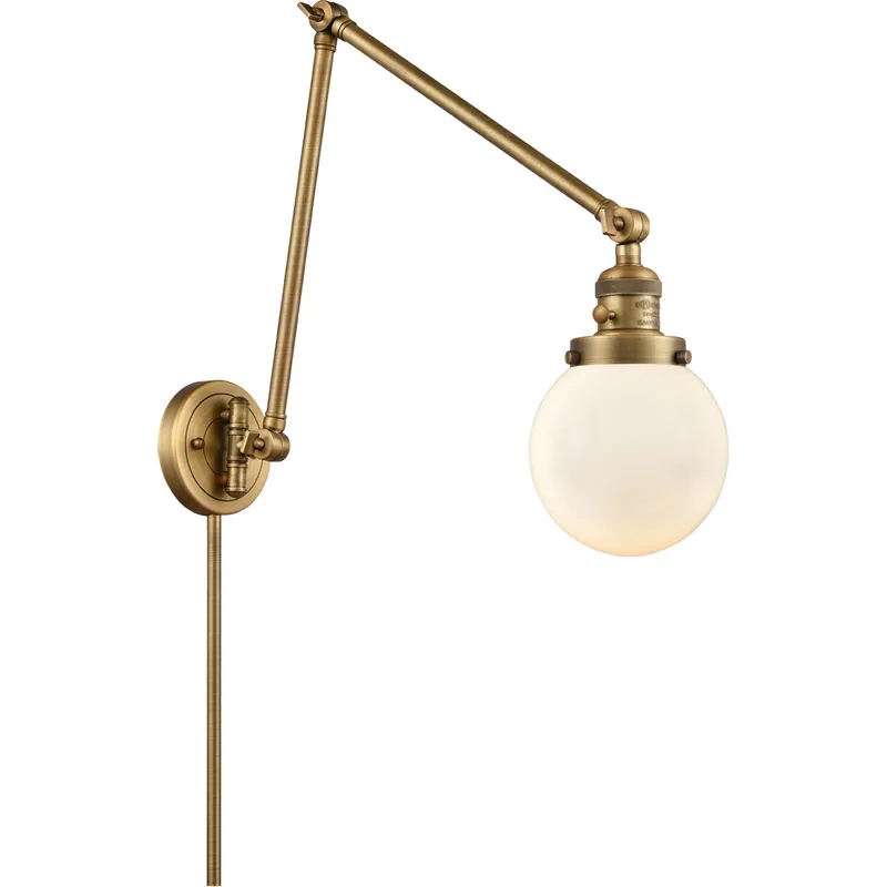 Beacon 30 inch 60 watt Brushed Brass Swing Arm Wall Light in Matte White Glass, Franklin Restoration