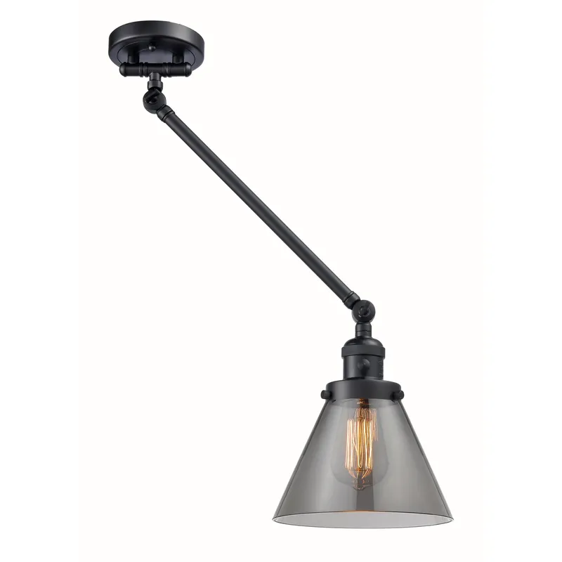 Large Cone 30 inch 60 watt Matte Black Swing Arm Wall Light in Light Smoke Glass, Franklin Restoration