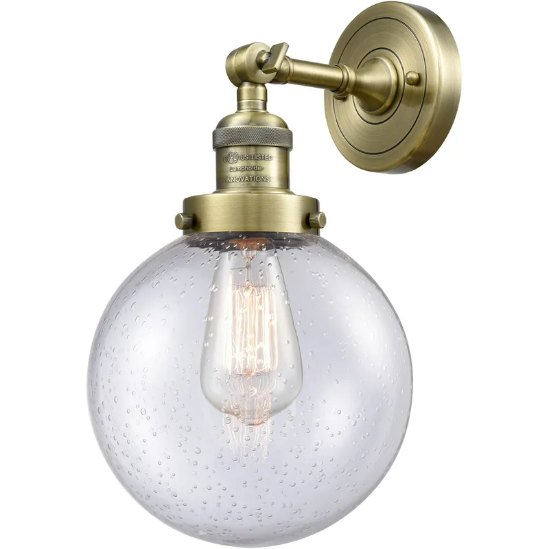 Franklin Restoration Large Beacon LED 8 inch Antique Brass Sconce Wall Light in Seedy Glass, Franklin Restoration