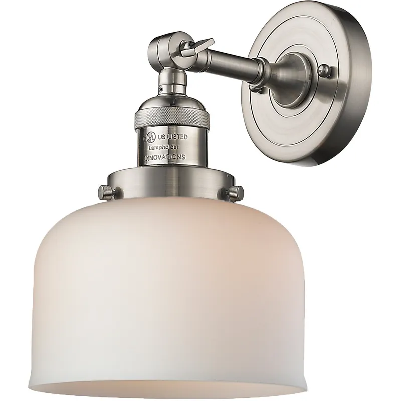Franklin Restoration Large Bell LED 8 inch Brushed Satin Nickel Sconce Wall Light in Matte White Glass, Franklin Restoration