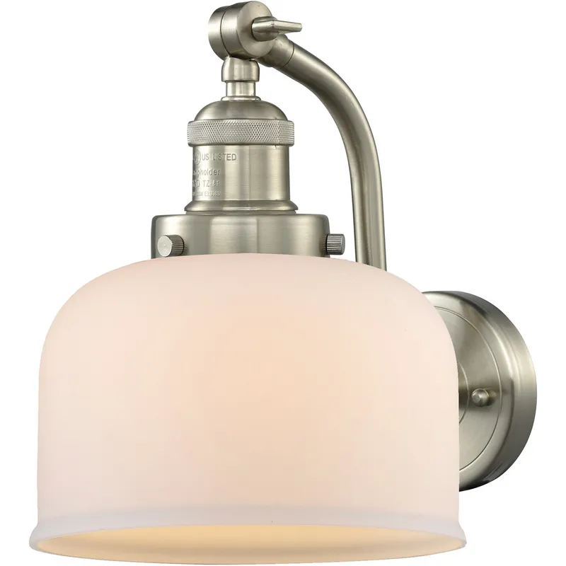 Franklin Restoration Large Bell LED 8 inch Brushed Satin Nickel Sconce Wall Light in Matte White Glass, Franklin Restoration
