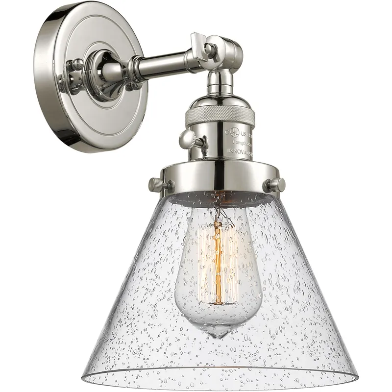 Franklin Restoration Large Cone 1 Light 8 inch Polished Nickel Sconce Wall Light in Seedy Glass, Franklin Restoration
