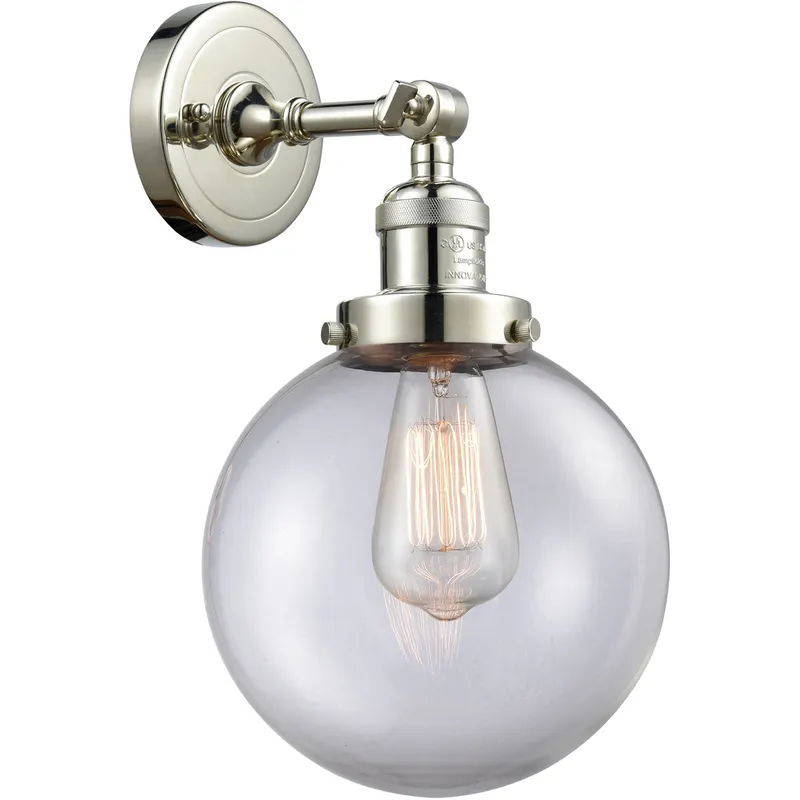 Franklin Restoration Large Beacon LED 8 inch Polished Nickel Sconce Wall Light in Clear Glass, Franklin Restoration