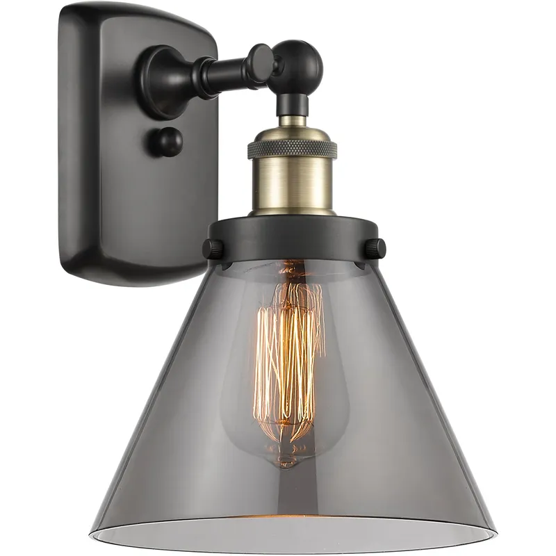 Ballston Large Cone 1 Light 8 inch Black Antique Brass Sconce Wall Light in Light Smoke Glass