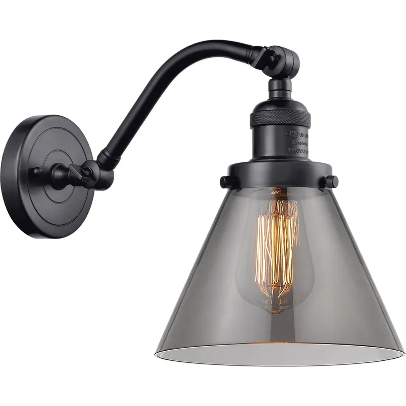 Franklin Restoration Large Cone LED 8 inch Matte Black Sconce Wall Light in Plated Smoke Glass, Franklin Restoration